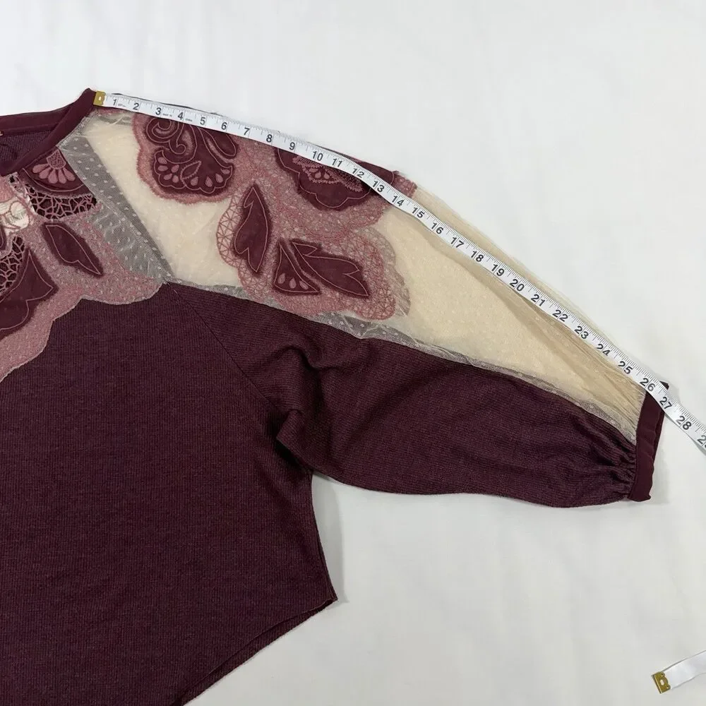 Free People Toni Tunic Top MEDIUM Mulberry Burgundy Embroidered Lace Waffle Boho